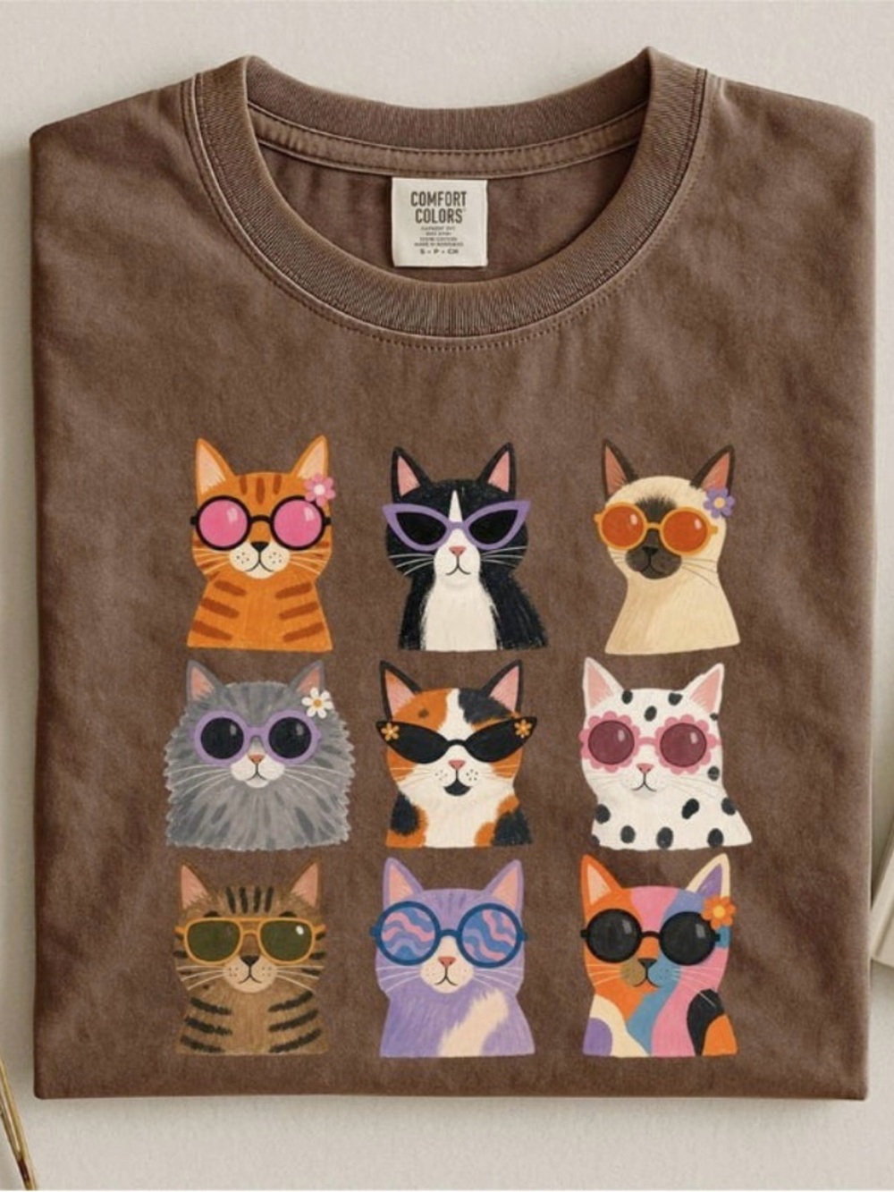 Comfort Colors Colorful Retro Cats Sunglass Face Tee Cat Meme Shirt For Cat Mom